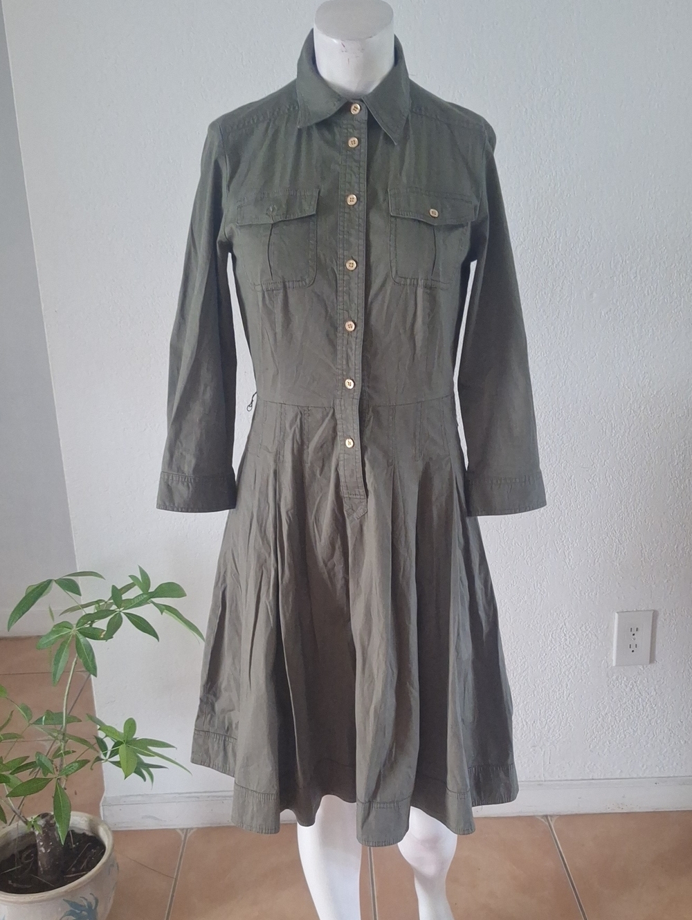 Classic Minimalist Lauren Ralph Lauren Olive Green Long-Sleeve Shirt Dress Sz 6